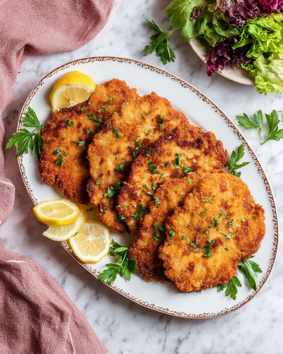 A white oval plate with a thin brown decorative edge holds five pieces of golden-brown, crispy breaded cutlets. The cutlets are laid in a slightly overlapping way covered with small green parsley leaves. On the side near the bottom left, four lemon wedges with bright yellow flesh and white rinds are stacked. A few parsley sprigs with dark green leaves sit under the cutlets and near the plate’s right edge. The plate is placed on a white marbled surface with a soft pink cloth partially visible on the top left and fresh parsley leaves on the top right. The lower right corner shows a small part of a bowl filled with mixed green and purple salad leaves. photo taken with an iphone --ar 4:5 --v 7