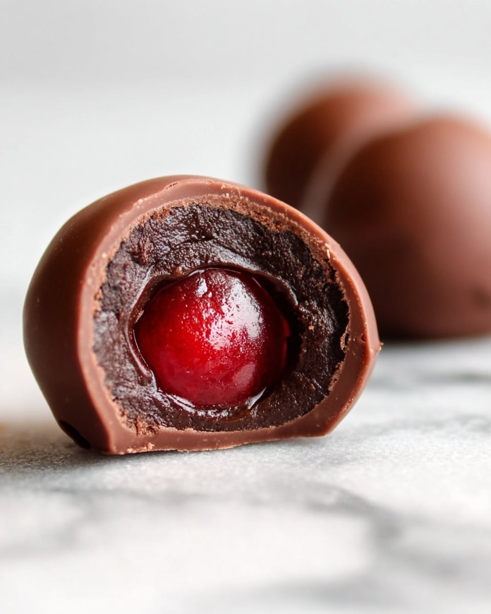 A close-up view of a chocolate candy held by a woman's hand, showing three visible layers: the outer smooth dark brown chocolate shell, a thick middle layer of slightly glossy dark chocolate filling, and a shiny red cherry placed at the center. The background is a white marbled texture. Photo taken with an iphone --ar 4:5 --v 7