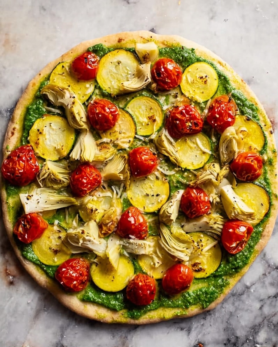 A round pizza dough base with a thin spread of bright green pesto sauce covering most of the top surface. On top, there are evenly placed light yellow zucchini slices in a single layer, mixed with scattered pieces of light beige artichoke hearts. Bright red roasted cherry tomatoes are spread across the pizza, adding vibrant color contrast. The pizza rests on a white marbled surface. photo taken with an iphone --ar 4:5 --v 7