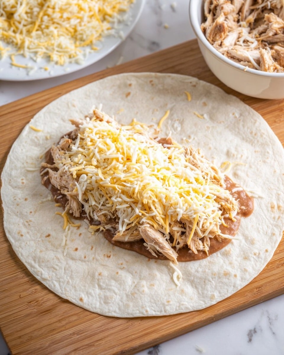 A large white tortilla is laid flat on a wooden board with a layer of light brown refried beans spread in an oval shape in the center. On top of the beans, there is a layer of shredded cooked chicken with a light beige color and visible texture. The chicken is covered with a mix of shredded cheese, mostly white with some yellow strands, scattered evenly over the chicken. In the background, there is a white bowl filled with more refried beans on a white marbled surface and a white plate with some pieces of chicken. Photo taken with an iphone --ar 4:5 --v 7