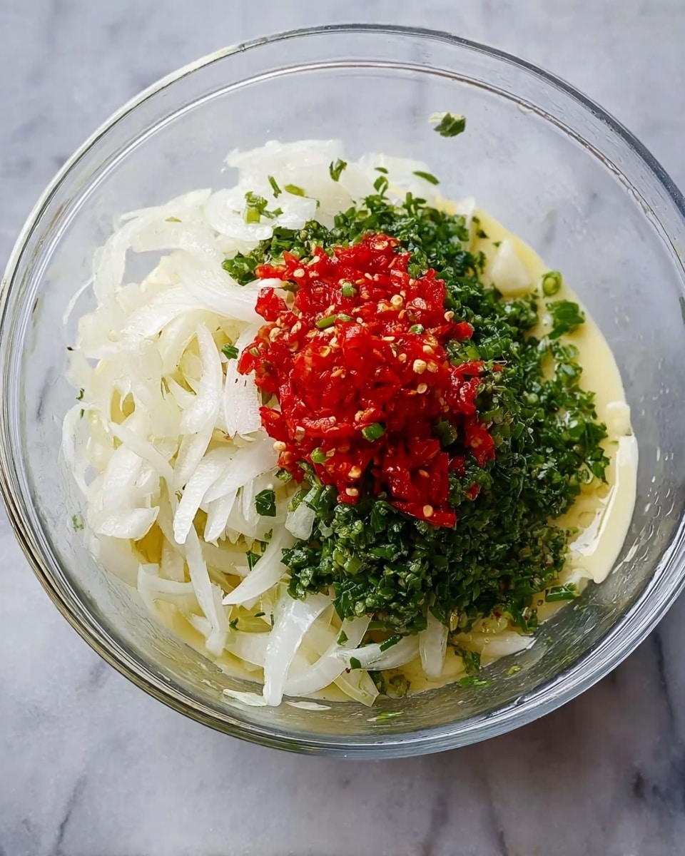 A clear glass bowl filled with four visible layers of ingredients, sitting on a white marbled surface. The bottom layer is pale yellow, smooth and creamy. Above this is a thick layer of white sliced onions, soft and slightly see-through. On top of the onions, there is a large spoonful of finely chopped bright red chili peppers placed in the center. Around the chili peppers are two more layers of finely chopped green herbs, one slightly darker green and the other a brighter green, giving a fresh, leafy look. A woman's hand is not visible in the frame. photo taken with an iphone --ar 4:5 --v 7