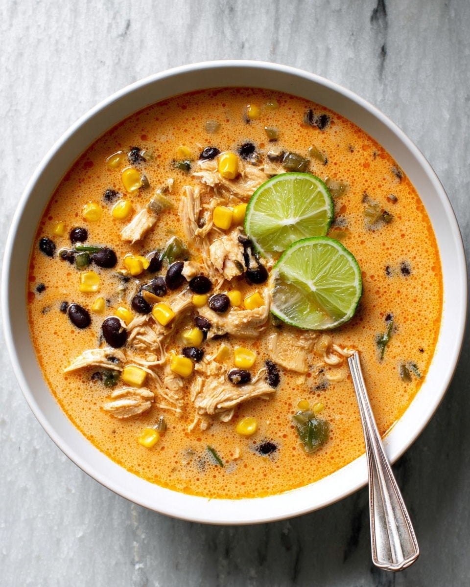 A white bowl filled with a creamy orange soup layered with pieces of light shredded chicken, dark black beans, yellow corn, and small green vegetable chunks, topped with two green lime wedges positioned near the center, a silver spoon resting inside the bowl on the right side. The bowl sits on a white marbled surface. Photo taken with an iphone --ar 4:5 --v 7