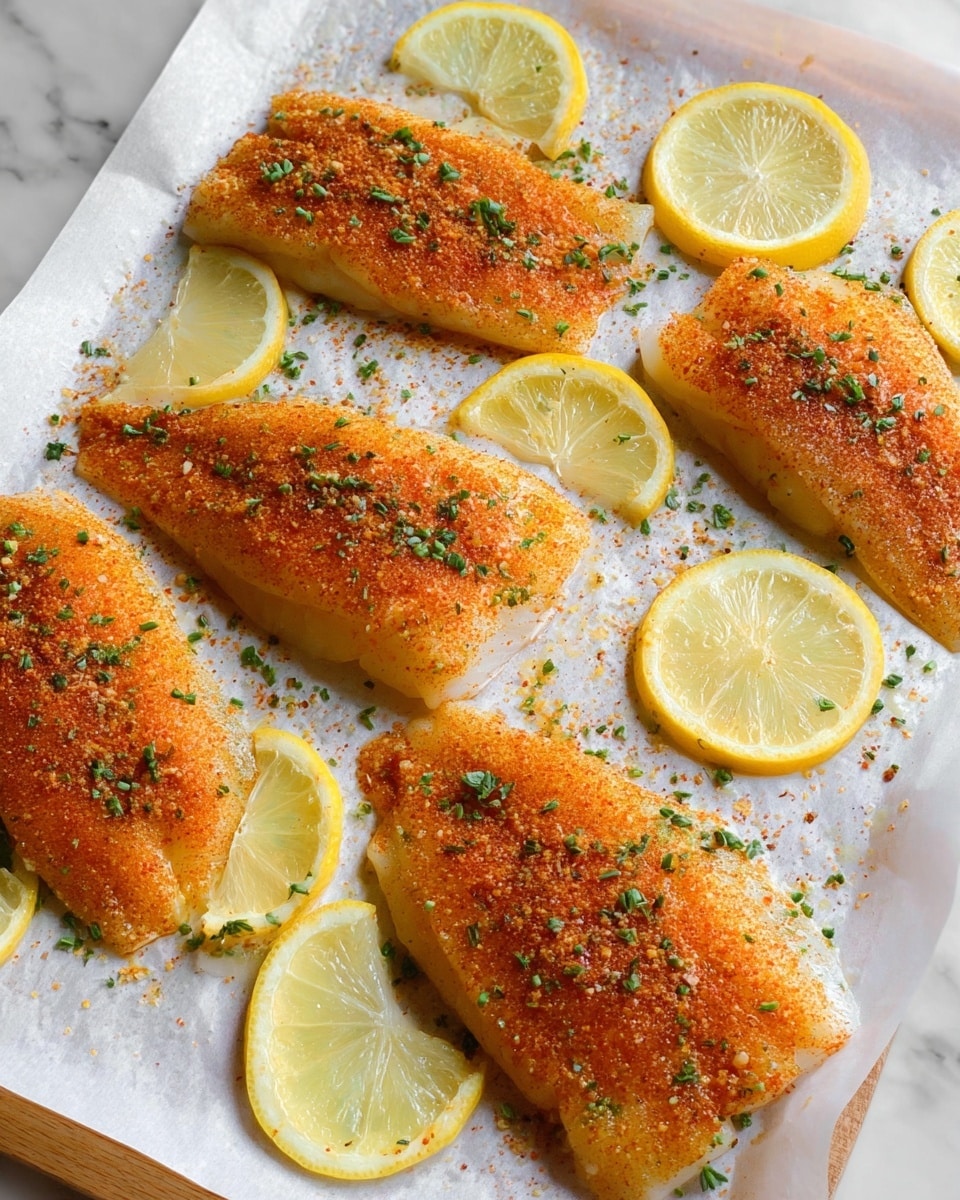 Five pieces of white fish are arranged on a white marbled surface lined with white parchment paper. Each fish piece is covered with a reddish-orange seasoning and sprinkled with small green herb bits. Around the fish, there are thin slices of bright yellow lemon placed both under and beside some pieces. The fish and lemon slices are evenly spaced, creating a clean and fresh look. photo taken with an iphone --ar 4:5 --v 7