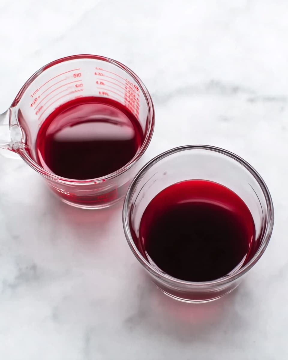 The image shows two clear glass cups filled with a dark red liquid, placed side by side on a white marbled surface. Above the cups, there is a clear measuring cup with red markings, containing a small amount of the same dark red liquid. The colors focus on the deep red liquid contrasting with the clear glass and white marbled background. Photo taken with an iphone --ar 4:5 --v 7