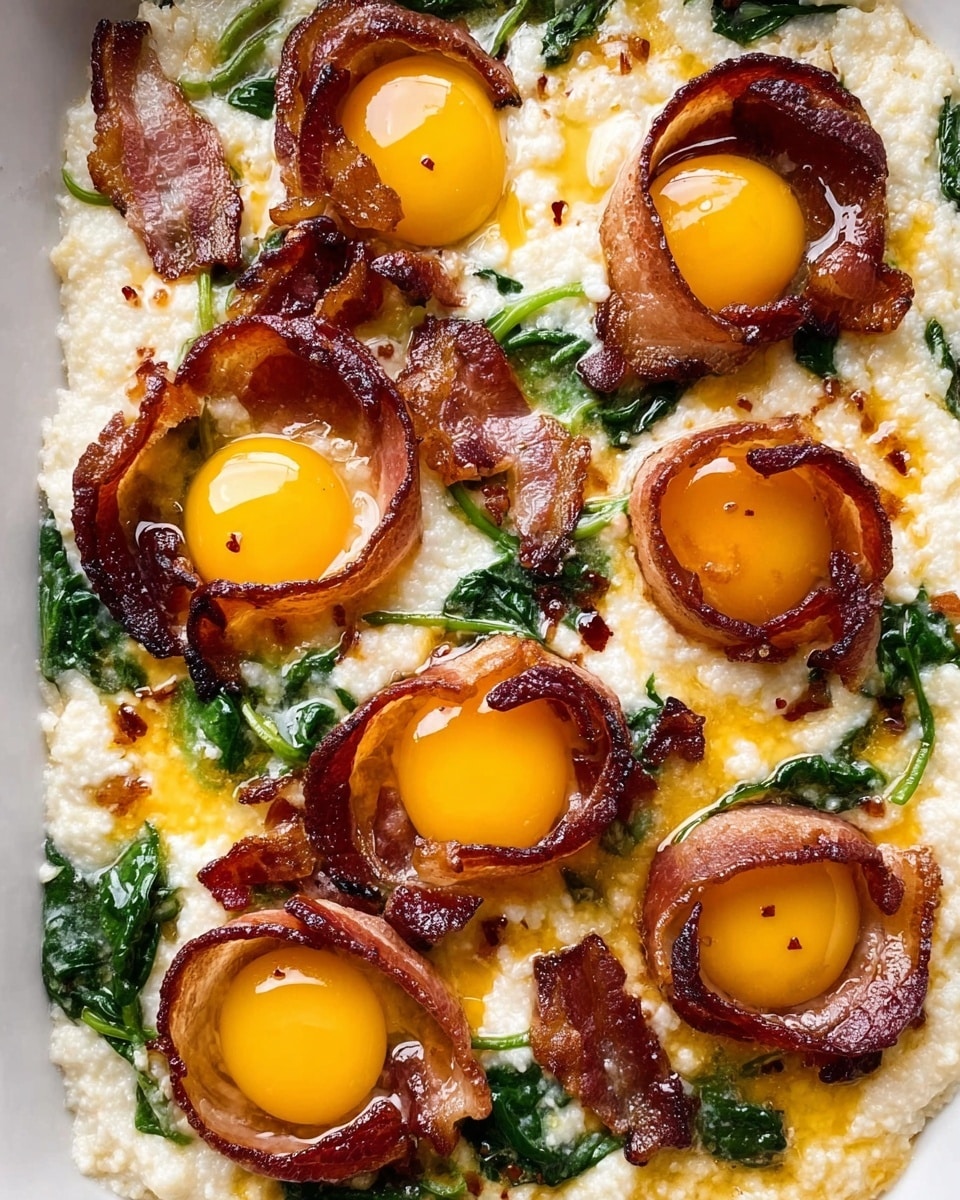 The dish shows one layer of creamy white grits mixed with bits of melted yellow cheese and green spinach leaves spread evenly all over. On top, there are seven crispy, curled dark brown bacon cups each holding a raw, bright yellow egg yolk with clear egg whites surrounding them. The bacon cups and eggs are scattered naturally across the grits layer. The overall colors are warm whites, yellows, deep greens, and rich browns, all sitting on a white marbled surface. photo taken with an iphone --ar 4:5 --v 7