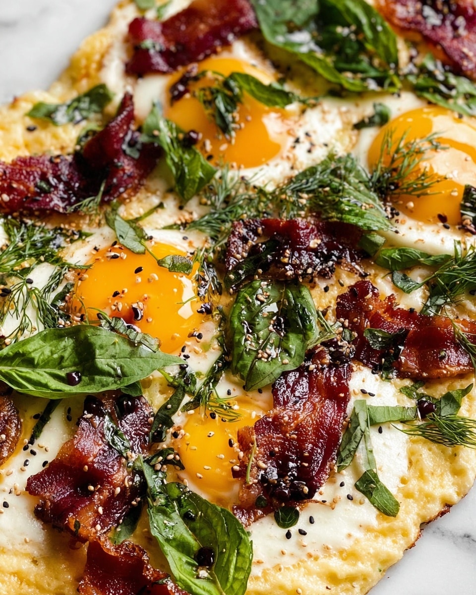 The dish shows a close-up of several cooked eggs with bright yellow yolks and white edges on a base of creamy, slightly textured yellowish cheese or grits. Dark red-brown crispy bacon pieces are placed unevenly on top, some wrapping around the eggs. Fresh green leafy herbs, possibly basil and dill, are scattered across the dish adding a mix of different shades of green. Small black and white sesame seeds or seasoning flakes add texture and color contrast. The entire dish is set against a white marbled surface, giving a clean and bright look photo taken with an iphone --ar 4:5 --v 7