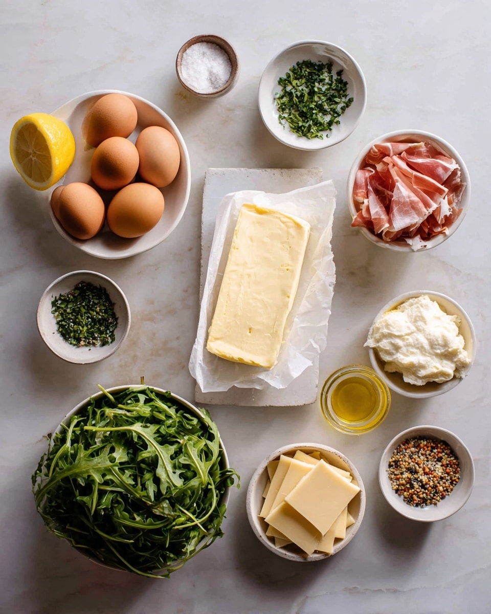 The image shows several small white bowls and a white rectangular dish arranged on a white marbled surface. The rectangular dish in the center holds a pale yellow block of butter wrapped in white paper. Surrounding it are bowls with different ingredients: one with six brown and light beige eggs, another with thin pink slices of cured meat, a bowl with chopped green herbs, one with a white block of cheese, a bowl with thin light yellow cheese slices, and a larger bowl filled with green leafy arugula topped with a half lemon. There is also a small bowl with coarse white salt and another bowl with a mixed seasoning blend of black, white, and orange seeds. A small glass of golden oil is placed near the arugula bowl. Photo taken with an iphone --ar 4:5 --v 7