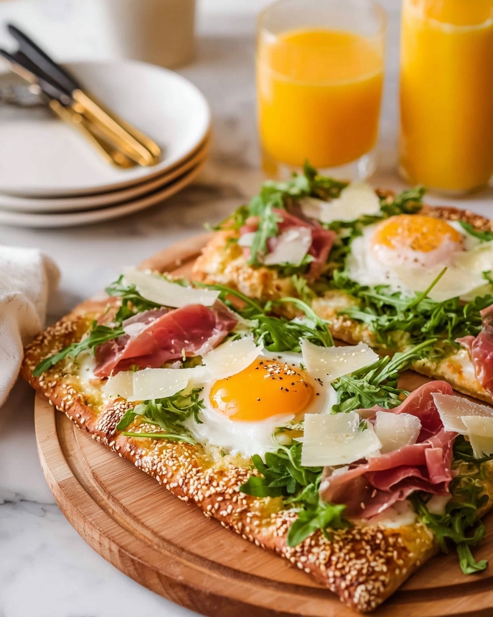 The image shows two rectangular slices of flatbread pizza on a round wooden board, placed on a white marbled surface. The pizza has a golden crust sprinkled with sesame seeds and seasoning. The first layer is a thin, crisp base, topped with melted cheese. On top, each slice has a sunny side up egg with a bright yellow yolk in the center. Around the eggs are thin slices of pink prosciutto, fresh green arugula leaves, and thin shavings of pale yellow cheese scattered over the pizza. In the background, there are two clear glasses filled with orange juice and a small white stack of plates with black forks and a gold spoon on top. A glass bottle of orange juice is slightly blurred behind the wooden board. photo taken with an iphone --ar 4:5 --v 7