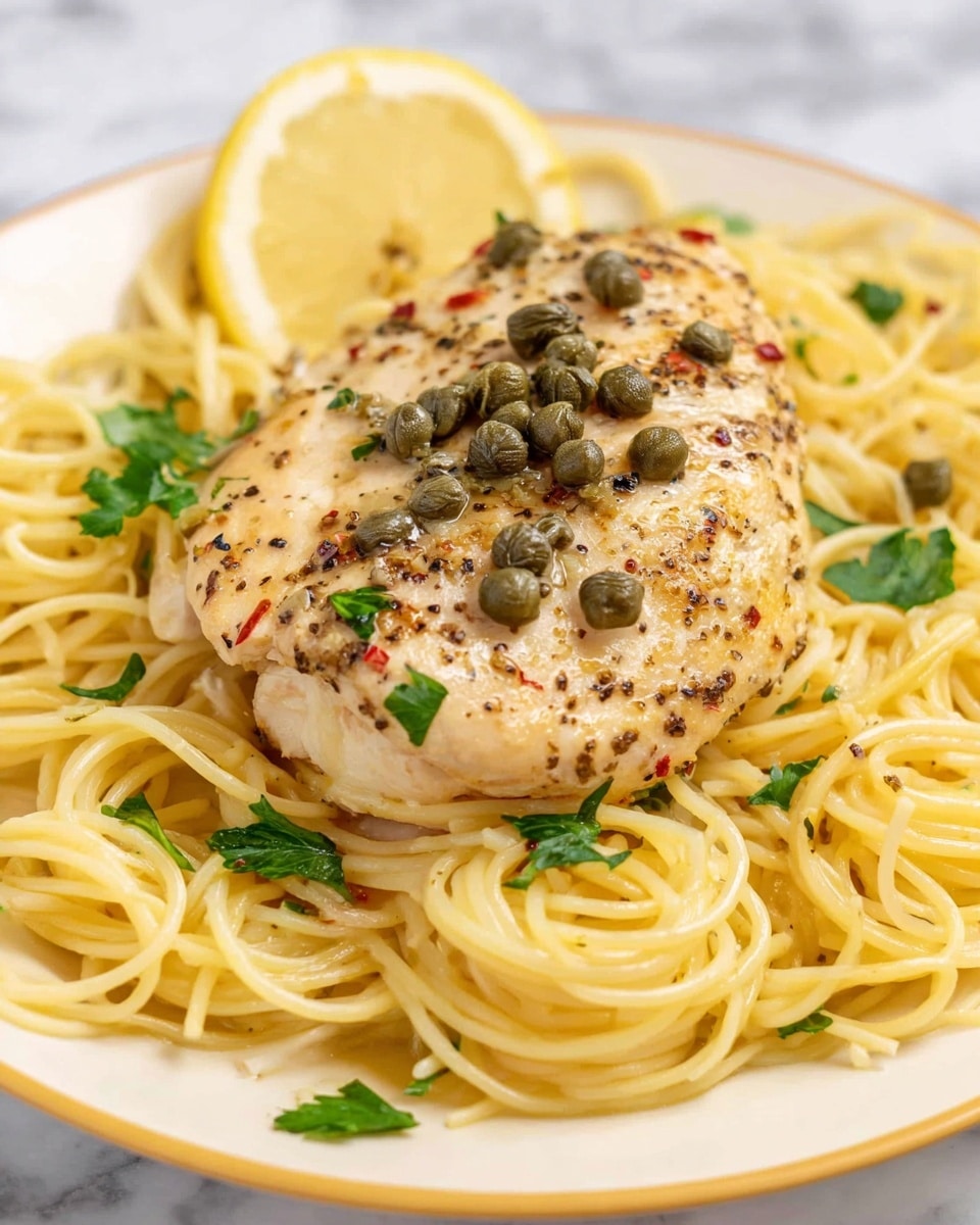 A white plate holds a serving of light yellow spaghetti, arranged in a loose spiral forming the base layer, glossy and smooth in texture. On top of the pasta sits a thick, cooked light beige chicken piece, speckled with black and red pepper and garnished with small green capers scattered over the chicken and pasta. A thin lemon wedge with a pale yellow hue rests at the side, nestled partially on the pasta. Small bright green parsley leaves are spread across the dish, adding fresh color contrast. The background is a white marbled surface. Photo taken with an iphone --ar 4:5 --v 7