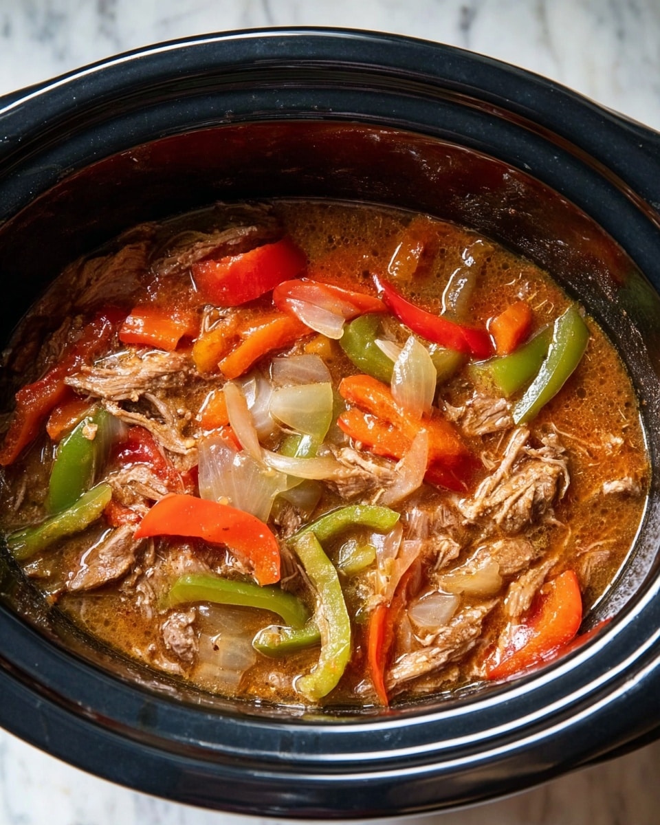 A close-up view inside a black slow cooker shows a stew with three main layers: the bottom layer is a light brown, slightly thick broth; the middle layer features soft, thin strips of light brown meat scattered throughout; the top layer includes bright chunks of red and green bell peppers mixed with translucent white onion pieces, all coated in the broth. The slow cooker is placed on a white marbled surface. photo taken with an iphone --ar 4:5 --v 7