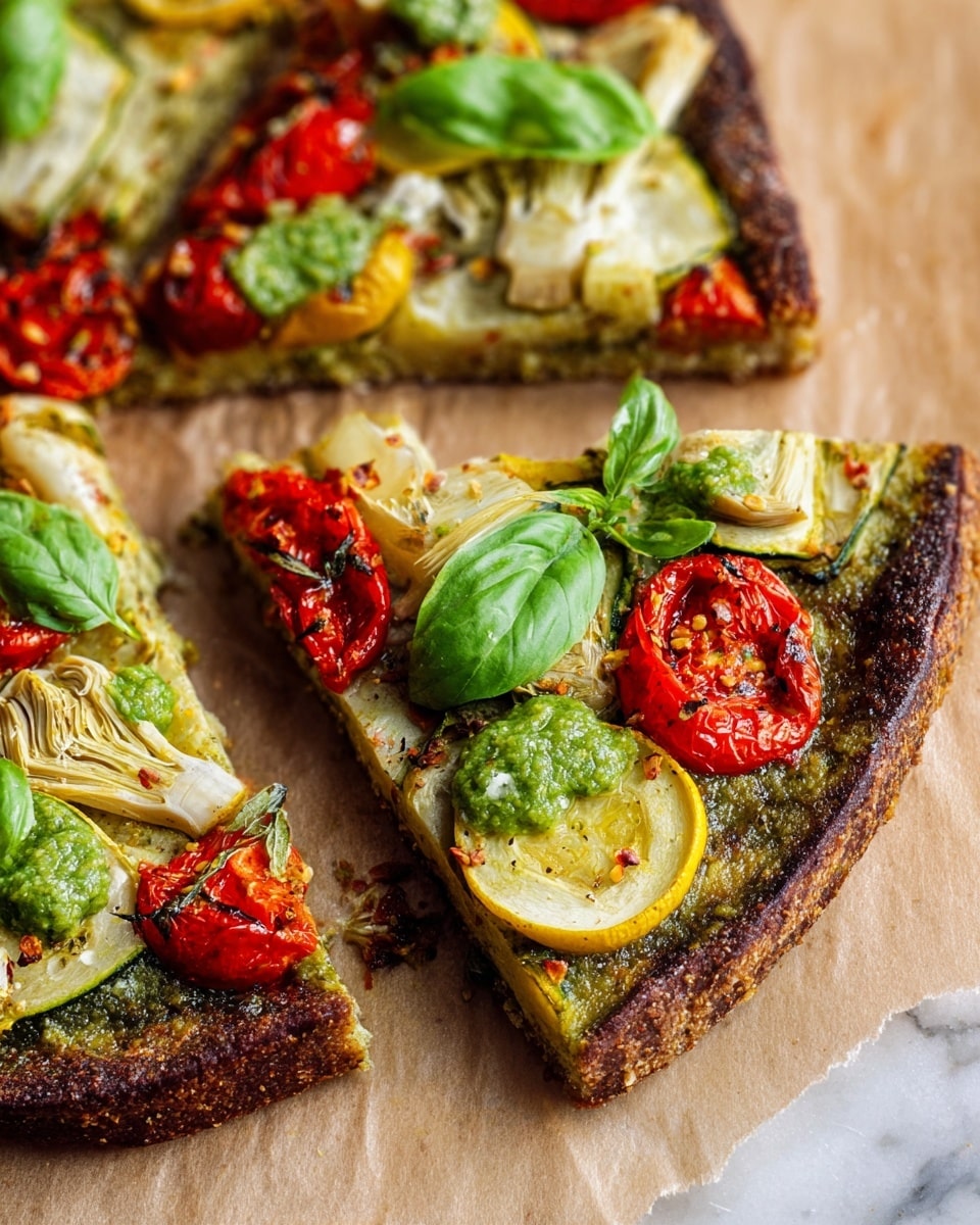 This is a close-up of three slices of vegetable pizza on brown parchment paper, placed on a white marbled surface. The pizza has a thick, dark golden-brown crust that is crispy and slightly uneven. The base layer is a green pesto sauce spread evenly across the dough. On top, there are round slices of light yellow zucchini, bright red roasted cherry tomatoes with wrinkled skin, and pale beige artichoke hearts. Dollops of vibrant green pesto sauce are scattered over the toppings, and fresh bright green basil leaves are placed on each slice, adding a fresh touch. Photo taken with an iphone --ar 4:5 --v 7