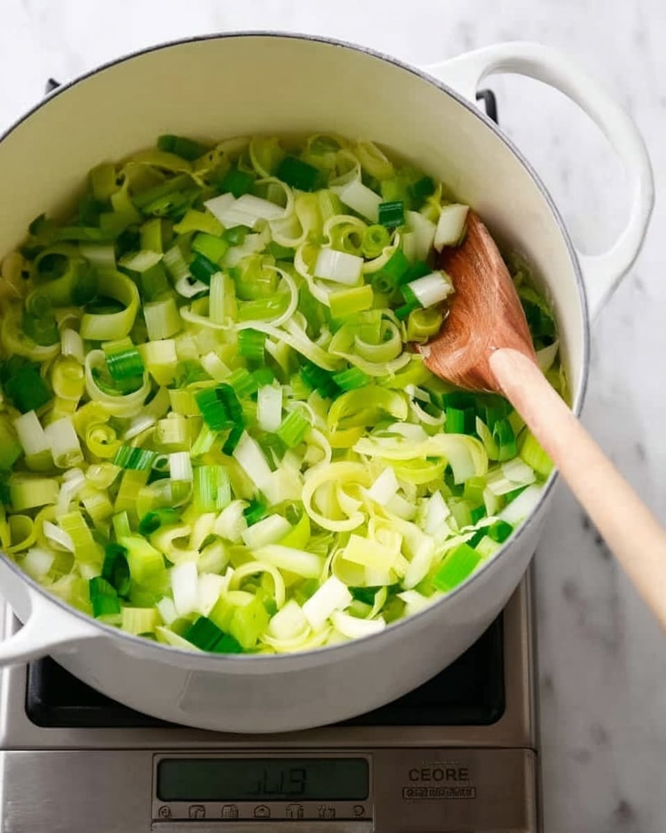 A white pot filled with chopped green and light green leeks, some pieces curled with a soft texture, sitting on a silver stove with a digital display showing the heat setting. Inside the pot, a wooden spoon with a smooth texture is resting on the right side, partly submerged in the leeks. The background is a white marbled surface. photo taken with an iphone --ar 4:5 --v 7
