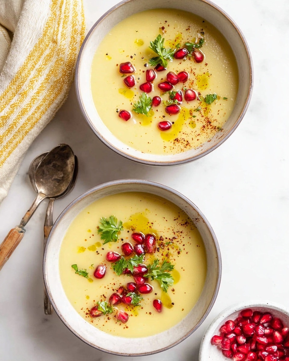Two bowls of smooth pale yellow soup sit on a white marbled surface, each bowl topped with bright red pomegranate seeds scattered across the surface, small fresh green parsley leaves, a drizzle of golden oil, and a light sprinkling of dark red spice. The bowls are white with a subtle gray rim. On the left side, a yellow and white striped cloth sits next to a spoon with a wooden handle. A small white bowl filled with extra pomegranate seeds is partially visible in the lower right corner. The photo has bright natural light and soft shadows, photo taken with an iphone --ar 4:5 --v 7