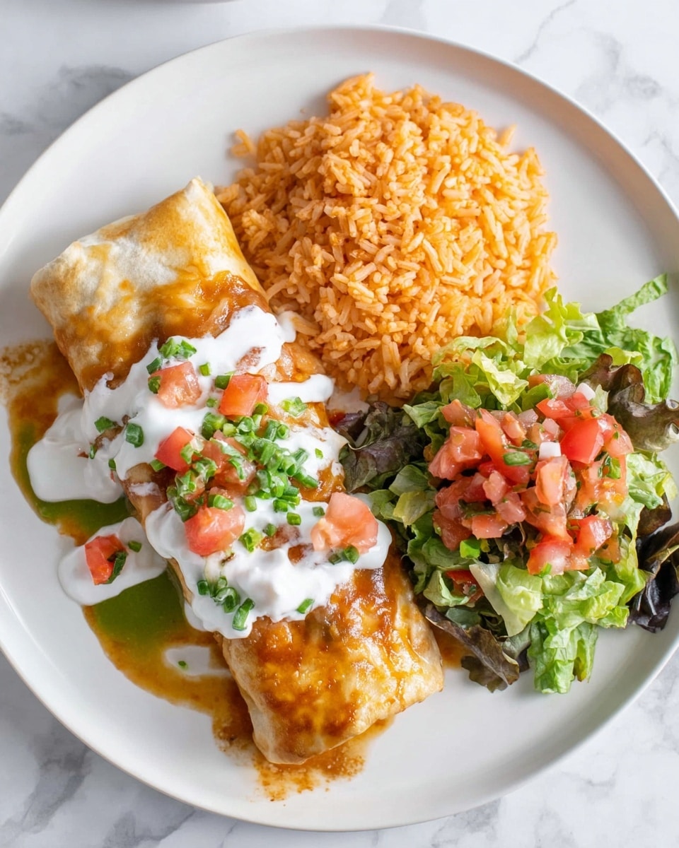 A white plate shows a food combination with three main parts arranged separately: a golden brown burrito placed on the left, topped with white sour cream mixed with small red and green chopped veggies, along with orange and green sauces drizzled over the burrito. On the upper right of the plate, there is a mound of orange rice with visible grains, while the bottom right contains a small pile of dark green chopped lettuce topped with red and green diced tomato salsa, all set on a white marbled textured surface. Photo taken with an iphone --ar 4:5 --v 7