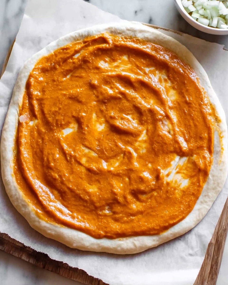 The image shows a round pizza dough spread with a smooth, thick layer of orange sauce covering almost the entire surface, leaving a small white dough border around the edges. The sauce has a slightly shiny texture and is swirled in a circular pattern, with some parts showing more thickness and some thinner patches. The pizza rests on white parchment paper placed on a white marbled surface, and a small portion of a white bowl with diced onions is visible in the top right corner. Photo taken with an iphone --ar 4:5 --v 7