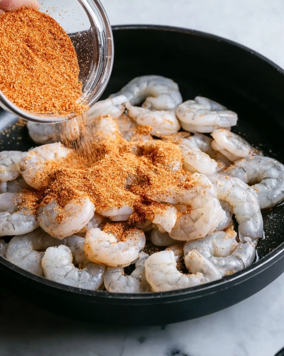 In a black pan on top of a white marbled surface, raw shrimp are spread out evenly, showing their pale grayish-white flesh with some translucent spots. Over the shrimp, a woman's hand is pouring a mix of reddish-orange spices from a clear small bowl, creating a dusting layer that covers most of the shrimp. The shrimp are arranged in a single layer, and the spice layer looks fine and powdery, adding bright color contrast to the light shrimp. Photo taken with an iphone --ar 4:5 --v 7