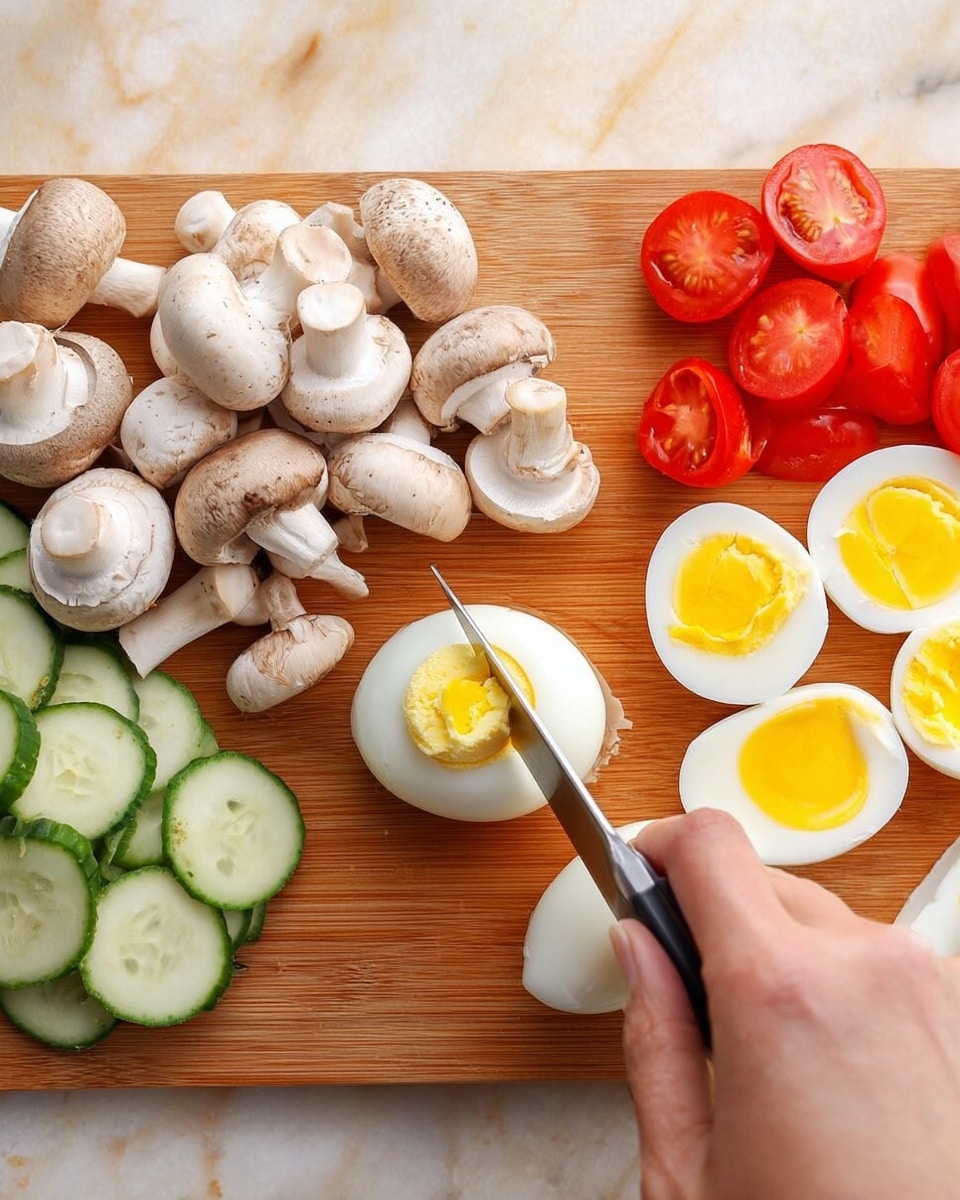 The image shows a woman's hand holding and slicing a boiled egg with a knife on a brown cutting board. To the left of the egg, there are white mushrooms with light brown stems arranged in a small pile. Above the mushrooms, there are small slices of cucumber with light green skin and white centers scattered. To the right of the mushrooms and cucumber, there are bright red grape tomatoes, some whole and some sliced in half, placed close together. Several slices of boiled egg with bright yellow yolks and white outer layers are arranged in a small group on the right side of the cutting board. The background is a white marbled texture. photo taken with an iphone --ar 4:5 --v 7