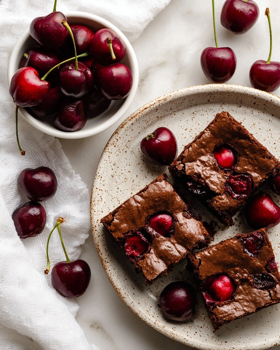 The image shows a white speckled plate with three square chocolate cherry brownies, each with a shiny, slightly crinkled chocolate surface and embedded cherry halves visible on top. Around the plate are several fresh, shiny dark red cherries with green stems. A small white bowl filled with more cherries sits on the plate’s top left side. The background is a white marbled texture with a white cloth visible on the left side. Photo taken with an iphone --ar 4:5 --v 7