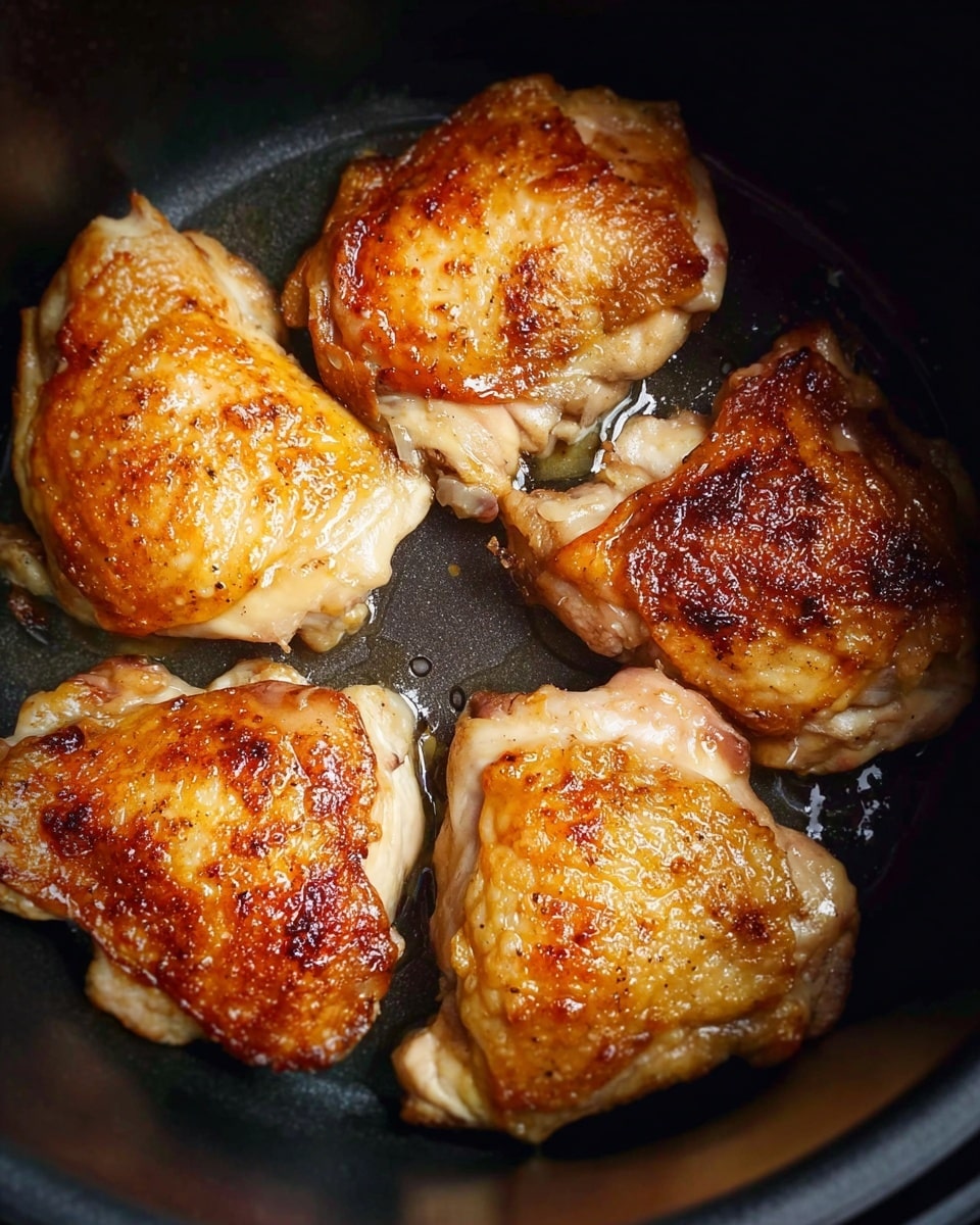 The image shows five pieces of cooked chicken with golden brown, crispy skin on top, placed in a dark cooking pot. Each piece has a shiny, slightly oily texture with uneven golden patches and some areas that are lighter in color, revealing tender cooked chicken underneath. The chicken pieces are irregular in shape and closely packed, with small droplets of cooking oil visible around them, giving a fresh and hot appearance. The pot interior is smooth and black, creating a strong contrast with the warm golden tones of the chicken. photo taken with an iphone --ar 4:5 --v 7