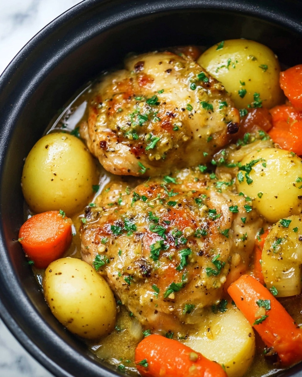 The image shows a dish with two main layers of golden brown chicken pieces covered with grainy mustard sauce and sprinkled with chopped green herbs. Around the chicken, there are light yellow whole small potatoes, some partly cut to show the inside, and pieces of bright orange carrots. The food is inside a dark container with a shiny sauce coating everything. The background is a white marbled texture. photo taken with an iphone --ar 4:5 --v 7