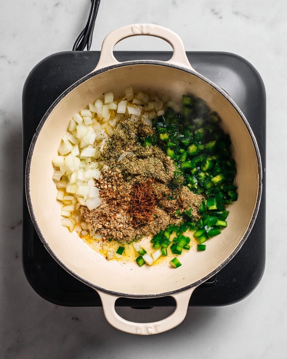 A white pot with two handles sits on a black hot plate over a white marbled surface. Inside the pot, there are three main layers of ingredients: diced white onions spread mostly on the left side, bright green chopped peppers on the right side, and a generous sprinkle of various brown spices in the center. The ingredients rest on a thin layer of golden oil, creating a mix of shiny and matte textures. The photo is taken from above, showing the rounded shape of the pot and the small steam rising from the ingredients. Photo taken with an iphone --ar 4:5 --v 7
