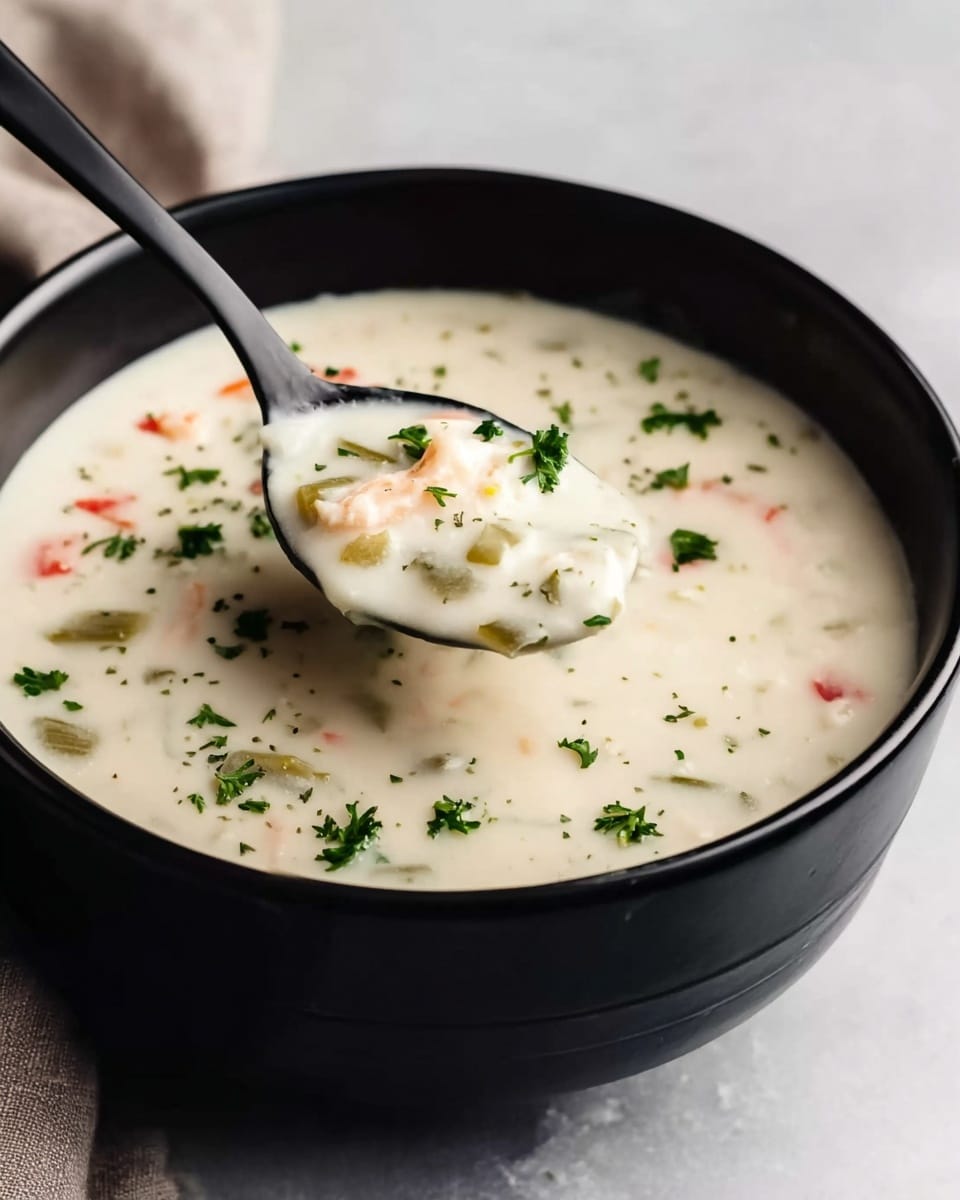 A black bowl filled with thick, creamy white soup that has small pieces of green and red vegetables floating inside. The soup is topped with tiny green parsley leaves scattered on top. A black spoon is dipping into the soup, lifting some of the creamy texture and vegetables. The bowl sits on a white marbled surface with a soft, light background. photo taken with an iphone --ar 4:5 --v 7