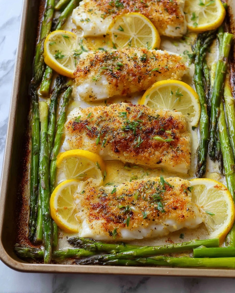 The image shows a baking tray with four golden brown fish fillets, seasoned with green herbs and spices. The fish pieces have a slightly crispy texture on top, and they are placed among bright green asparagus stalks and thin, round lemon slices that add bursts of yellow. The tray has some cooked juice and light browning around the edges, creating a warm and appetizing look. The background is a white marbled surface. photo taken with an iphone --ar 4:5 --v 7