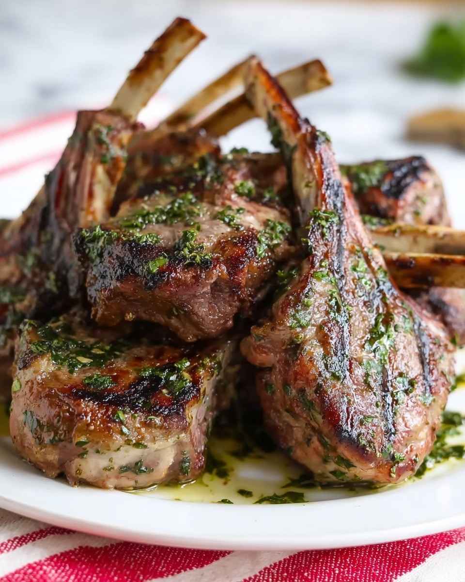 A white plate holds a pile of grilled lamb chops stacked close together, each chop showing dark grill marks and a light brown cooked surface. The chops are topped with chopped green herbs mixed with oil that shine under the light. The lamb meat looks tender with a slight char, and some of the bones stick out from the top, adding height to the stack. The plate rests on a white marbled surface with a red and white striped cloth underneath. Photo taken with an iphone --ar 4:5 --v 7