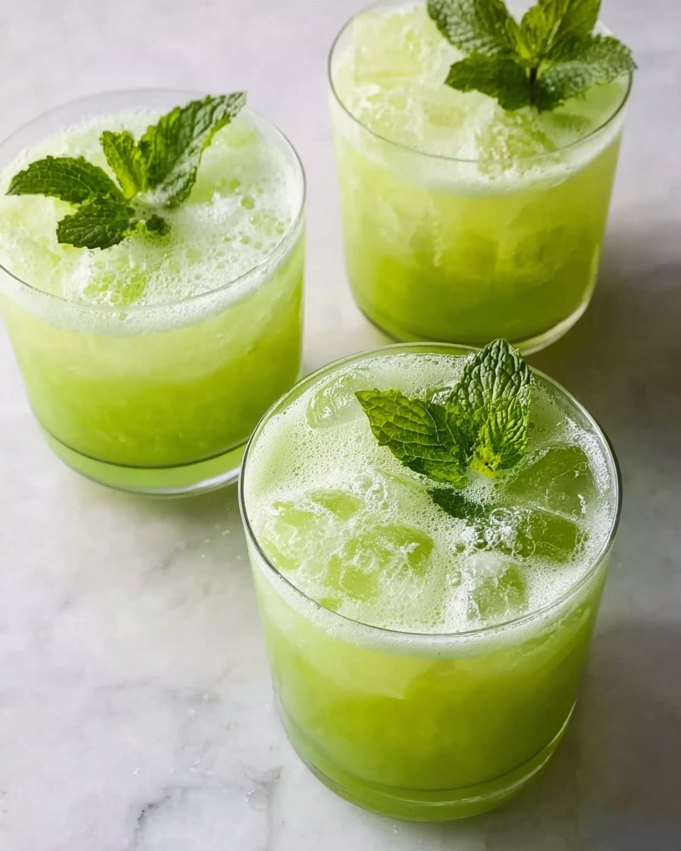 The image shows three clear glasses filled with a light green drink and ice cubes, each topped with fresh green mint leaves. The drinks have a foamy layer on top, giving a frothy texture. The glasses are placed on a white marbled surface, with a slight reflection visible around them. The green drink has a smooth, slightly bubbly look, and the mint leaves add a fresh, vibrant touch. Photo taken with an iphone --ar 4:5 --v 7