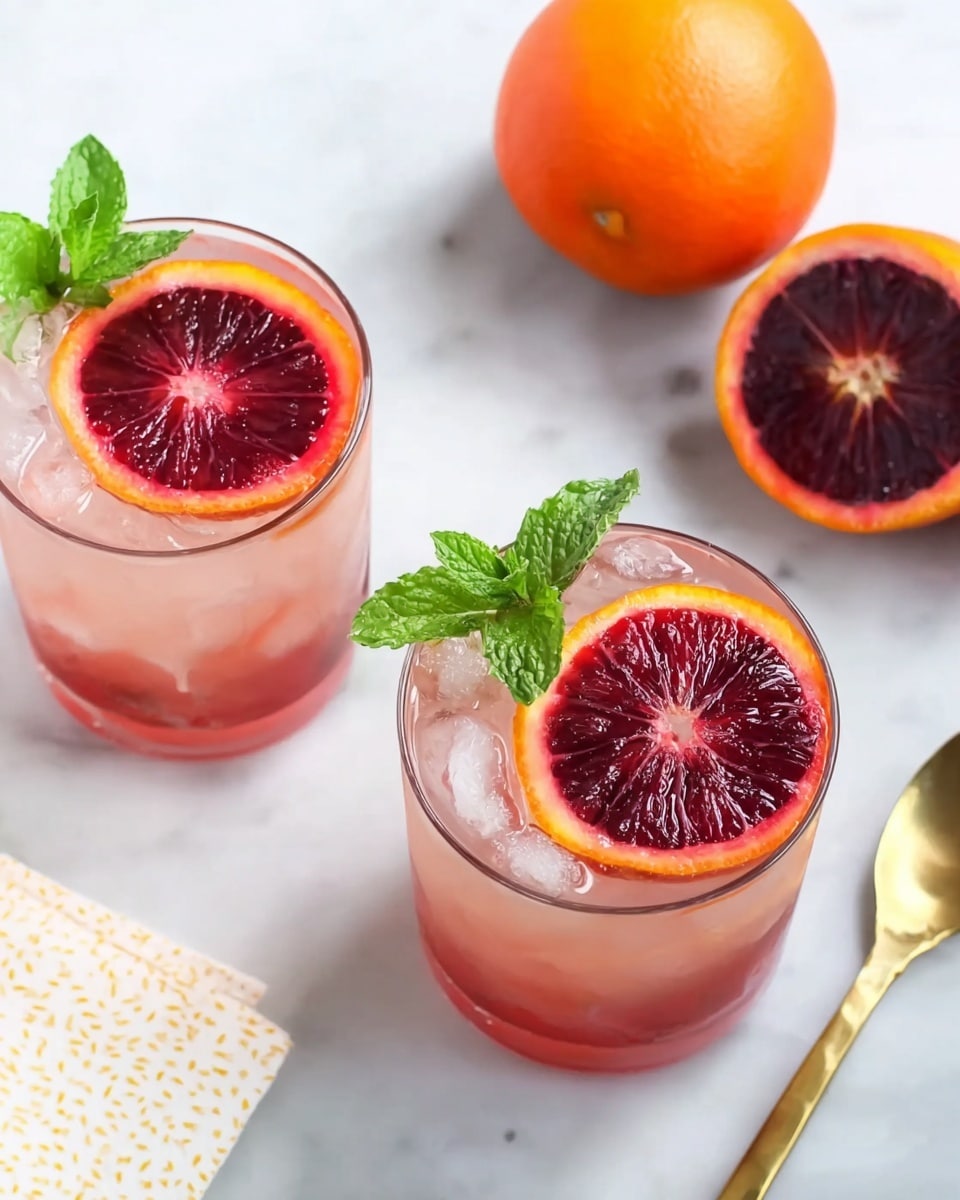 Two clear glasses filled with light pink drink and large ice cubes sit on a white marbled surface. Each glass has a thin slice of deep red blood orange placed inside at the top edge, their bright orange rims contrasting with the rich red segments. Small fresh green mint leaves garnish the edge of each glass next to the orange slice. Behind the glasses are one whole orange and one half slice of blood orange showing its dark red flesh. A gold spoon lies to the right side on the white marbled surface, with a folded white cloth with light yellow dots partially visible on the left. Photo taken with an iphone --ar 4:5 --v 7