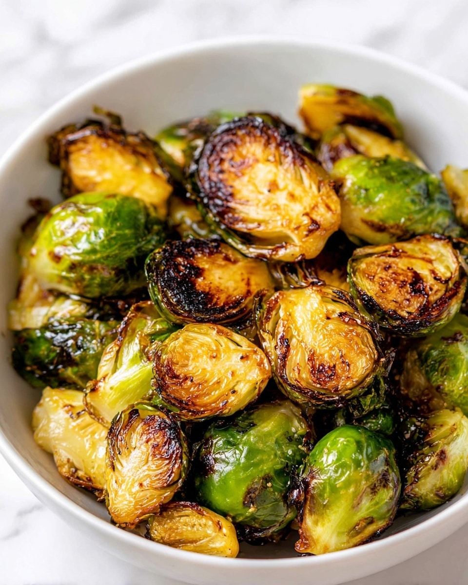 The image shows a white bowl filled with roasted Brussels sprouts. There are many Brussels sprouts, each cut in half, showing a golden brown and crispy outer layer with some dark charred spots. The inside layers of the sprouts are a mix of bright green and light yellow colors, with a slightly shiny texture indicating they were roasted in oil, giving a caramelized look. The Brussels sprouts are piled loosely inside the bowl, sitting on a white marbled surface. Photo taken with an iphone --ar 4:5 --v 7