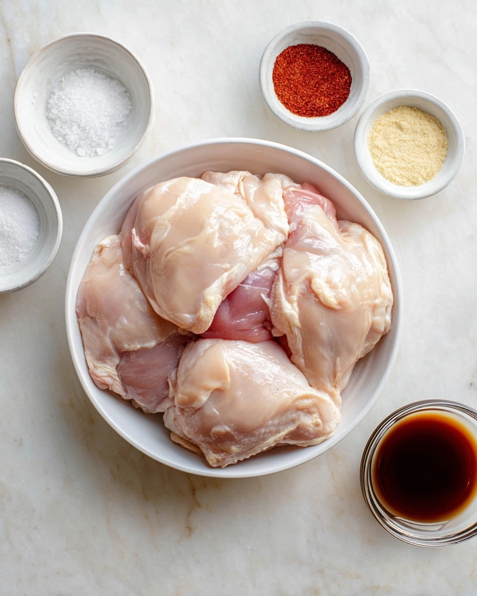 A white bowl filled with several pieces of raw, pale pink chicken thighs layered closely together, showing a smooth and slightly shiny texture. Around the bowl on a white marbled surface, there are four small white containers holding different ingredients: one with coarse white salt at the top left, one with pale yellow granulated powder at the top right, one with bright red ground spice below that, and a glass bowl with a dark brown liquid sitting at the bottom right. The scene is bright and clean, with soft natural light highlighting the colors and textures. photo taken with an iphone --ar 4:5 --v 7