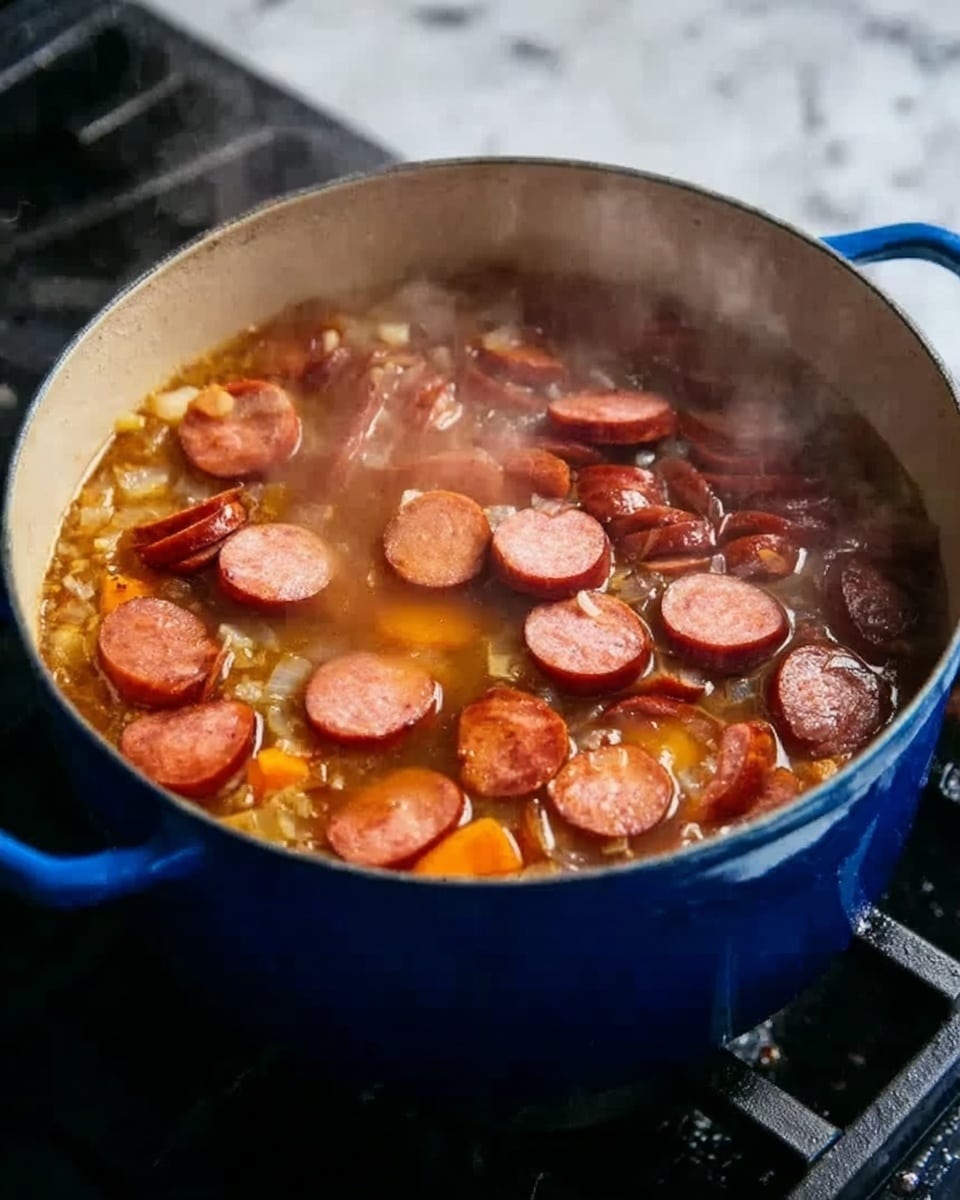A blue pot filled with a bubbling stew is shown on a stovetop with black grates. Inside the pot, the stew has several layers: at the bottom, there is a rich, brown broth with visible chunks of orange vegetables and onions, topped with many sliced rounds of reddish sausage spread across the surface. Steam rises from the pot, making the scene look warm and fresh. The background surface around the stove shows a white marbled texture. Photo taken with an iphone --ar 4:5 --v 7