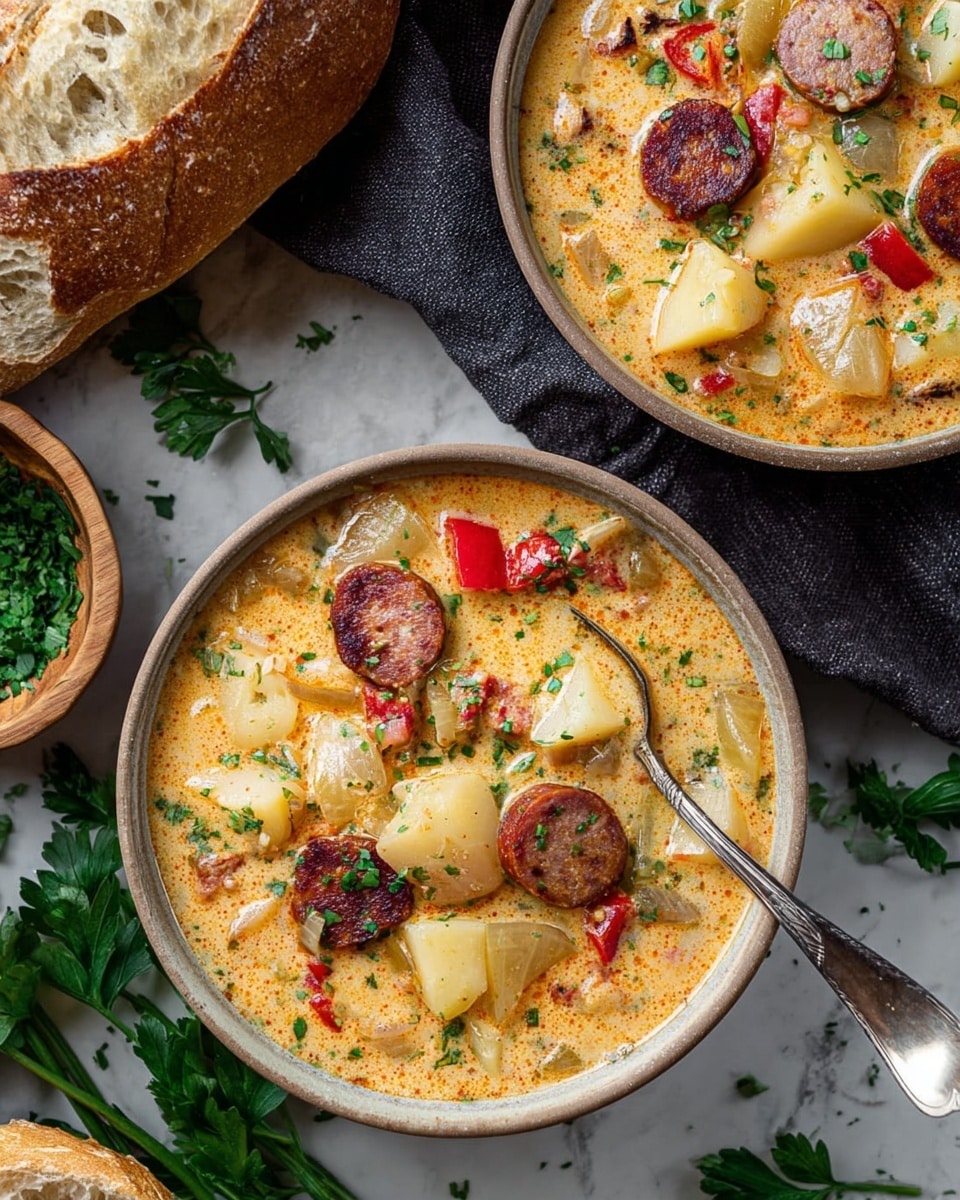 The image shows two bowls filled with a creamy soup containing chunks of potatoes and slices of browned sausage, along with small pieces of red bell pepper and bits of onion. The soup has a light orange-yellow color with some bubbles, and it is sprinkled with green herbs on top. One bowl is positioned closer in the foreground with a silver spoon inside, while the other bowl is slightly behind it, partially visible. To the side, there is torn bread with a crusty golden exterior placed directly on a dark cloth, and some chopped green herbs are in a small wooden bowl. The setting rests on a white marbled surface with scattered parsley leaves around. photo taken with an iphone --ar 4:5 --v 7