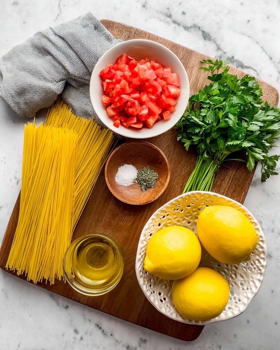 The image shows a wooden cutting board on a white marbled surface with several fresh ingredients. There is a bundle of uncooked yellow spaghetti pasta partially wrapped in a gray cloth on the left side. Above the pasta, a white bowl filled with bright red chopped tomatoes sits next to a small bunch of green parsley stalks on the right. Below the bowl, there is a small brown wooden dish with two piles of fine salt and pepper. To the left of this dish is a small clear glass bowl filled with golden olive oil. In the bottom right corner, a white bowl with a decorative pierced edge holds four whole bright yellow lemons. photo taken with an iphone --ar 4:5 --v 7
