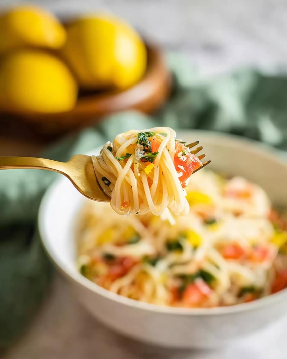 A golden fork holds a small bundle of white spaghetti noodles mixed with small pieces of bright red tomato, green herbs, and a touch of yellow cheese or sauce. In the background, a white bowl filled with more of the same spaghetti dish is slightly blurred, showing a mix of similar colors and textures. Behind the bowl, a white bowl with three yellow lemons is also out of focus, all set on a white marbled surface with a soft green cloth nearby. The lighting is warm and natural, highlighting the fresh and colorful ingredients. photo taken with an iphone --ar 4:5 --v 7