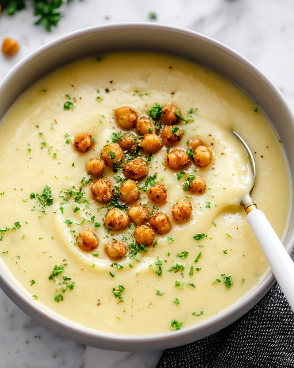A close-up of a white bowl filled with smooth, pale yellow creamy soup that has a soft texture. On top of the soup are small, golden-brown roasted chickpeas and bright green chopped parsley scattered mainly in the center. A spoon with a white handle is resting inside the bowl, partially submerged in the soup. The bowl sits on a white marbled surface with a small piece of dark cloth visible underneath. Photo taken with an iphone --ar 4:5 --v 7