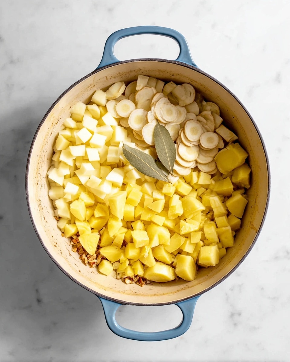 A round, light beige pot with blue handles sits on a white marbled surface, filled with chopped vegetables. Inside the pot, there are three distinct layers of root vegetables: light yellow chopped cubes of parsnip on the left side, pale white and yellow round slices of parsnip stacked in the middle left, and bright yellow diced potatoes on the bottom right. A single dried bay leaf rests on top near the center. The inside pot surface shows slight cooking marks and bits of browned garlic or onions at the bottom. Photo taken with an iphone --ar 4:5 --v 7