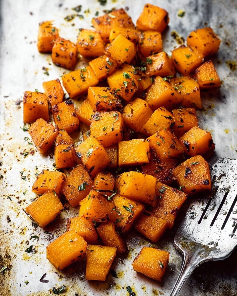 The image shows a pile of cooked orange cubed pieces of food, likely roasted butternut squash, sitting on a flat silver surface that is lightly browned and speckled with herbs and oil. The cubes vary slightly in size and have some browned spots from cooking, giving them a textured, slightly crispy look. Small green herb flakes are scattered across the pieces, adding subtle color contrast. A metal spatula with some herb bits is partially visible on the right side of the image next to the cubes. The background is a white marbled surface. Photo taken with an iphone --ar 4:5 --v 7
