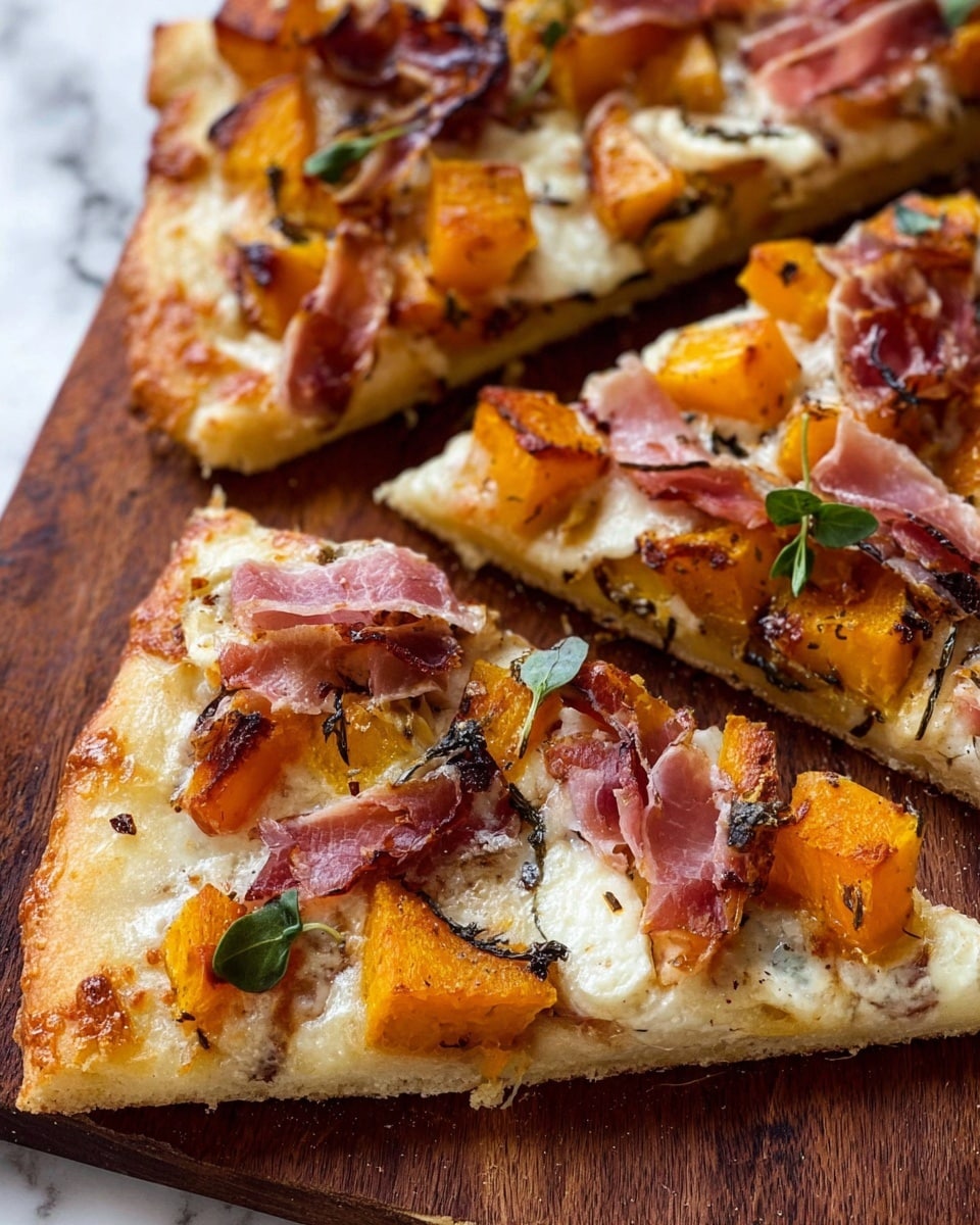 The image shows three slices of pizza on a wooden board with a crispy, golden crust. The pizza has melted white cheese spread evenly on top, with layers of roasted orange butternut squash cubes that have a slightly charred look. There are thin, folded slices of pinkish cured meat scattered across, and small green herb leaves placed mainly in the center of the slices. The overall texture looks soft with some slight crispiness on the edges. The background is a white marbled texture. photo taken with an iphone --ar 4:5 --v 7