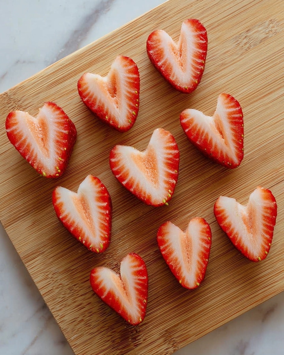 The image shows nine strawberry slices arranged on a wooden cutting board with a light brown color and visible grain patterns. Each strawberry slice is cut vertically, showing a red outer skin fading to a light pink and white center, with small yellow seeds along the edges. The slices are placed randomly but evenly spaced on the board, which lies on a white marbled surface. The scene is simple and focuses on the fresh, juicy texture of the sliced strawberries photo taken with an iphone --ar 4:5 --v 7