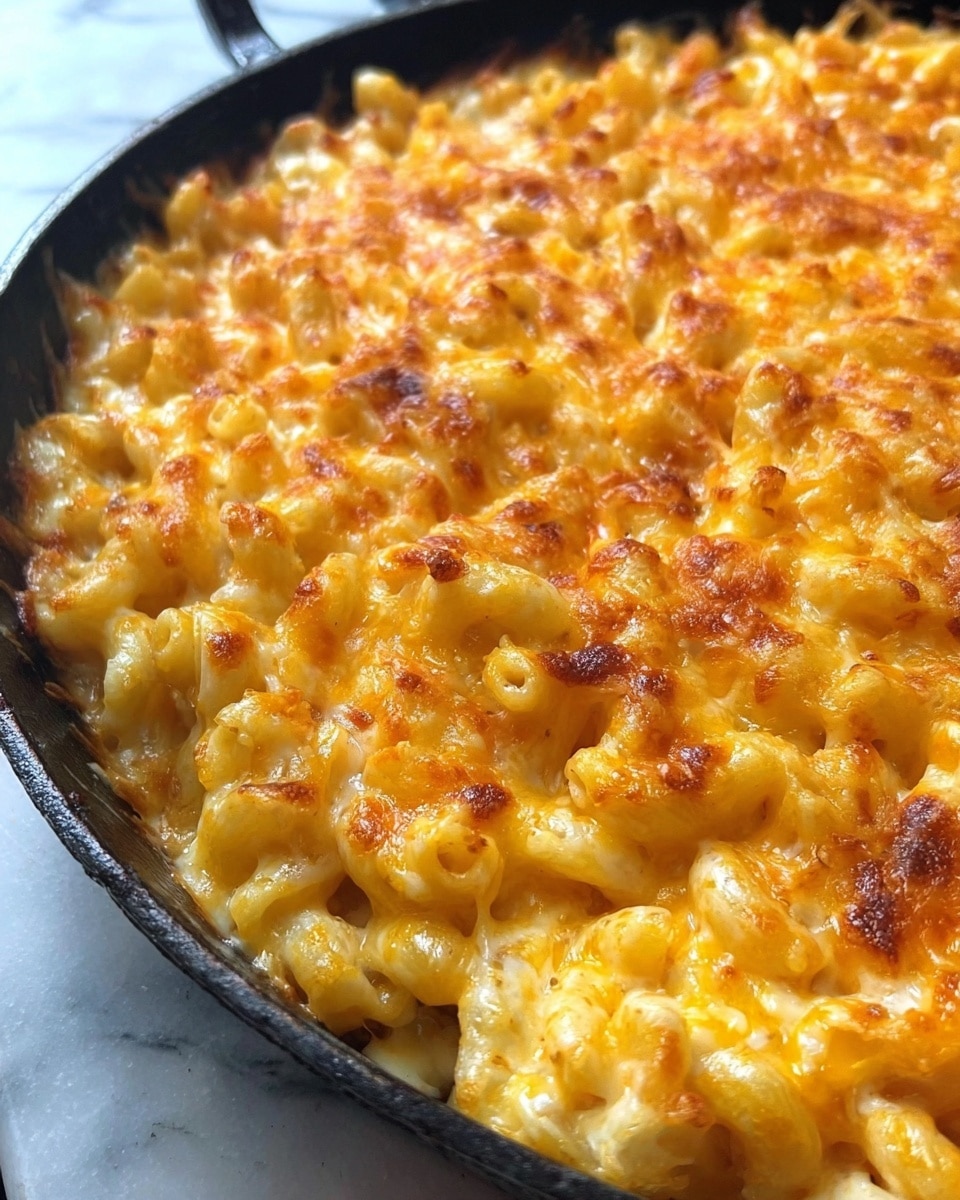 A close-up view of a thick layer of baked macaroni and cheese with curly pasta covered in melted, golden-yellow cheese that is slightly browned on top. The texture looks creamy and cheesy with some crispy bits on the surface. It is served in a round black skillet placed on a white marbled texture surface. Photo taken with an iphone --ar 4:5 --v 7