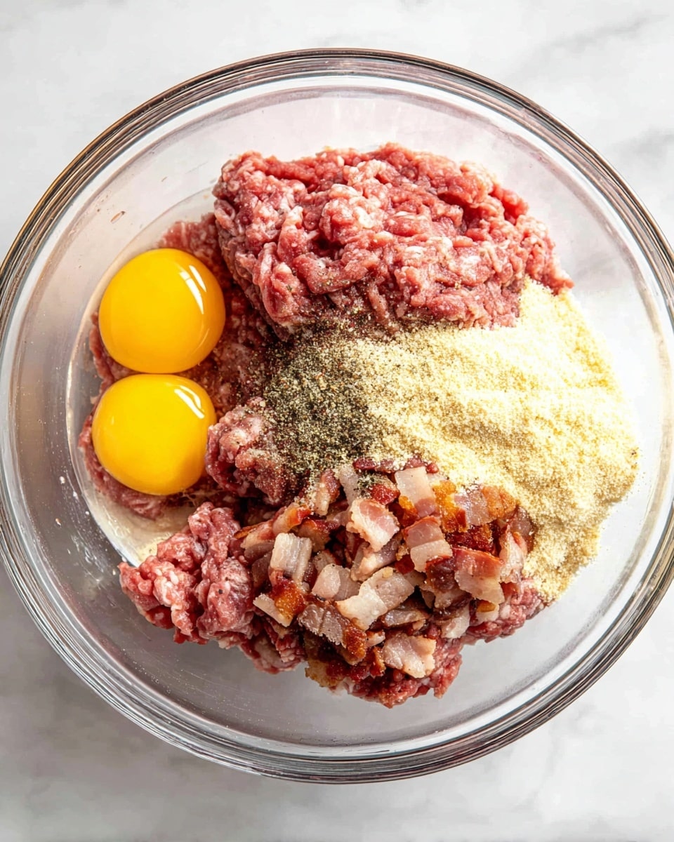 A clear glass bowl sits on a white marbled surface, filled with several ingredients ready to be mixed. At the bottom left inside the bowl, there are two bright yellow egg yolks with clear egg whites around them. The largest part of the bowl holds raw ground meat with a pinkish-red color, mostly on the right side. On top of the meat, at the bottom right, there is a layer of cooked, chopped bacon showing a mix of crispy brown and pink pieces. Above the meat and bacon, to the top right, is a powdery layer of pale yellow breadcrumbs. Near the top left of the bowl, some black pepper and other spices are sprinkled over the meat. The bowl is simple and transparent, showing all layers inside clearly. Photo taken with an iphone --ar 4:5 --v 7