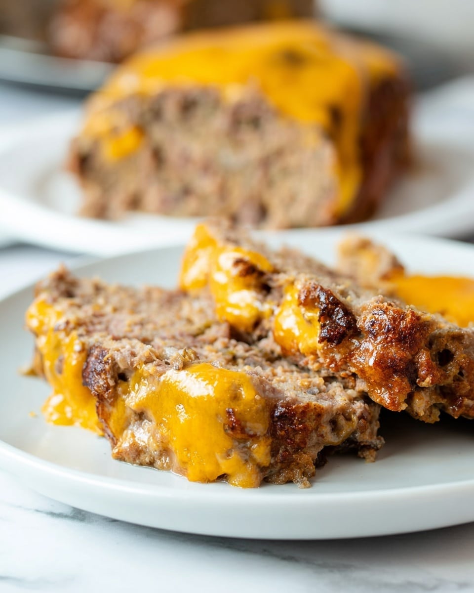 A close-up of two thick slices of meatloaf on a white plate, each slice showing a rough texture with small chunks of meat inside, topped with a layer of melted bright orange cheddar cheese that drapes unevenly across the top and sides. The meatloaf has a browned, slightly crumbly surface with darker spots where the meat is more cooked. In the background, another white plate holds a larger piece of meatloaf with a similar cheese topping, all set on a white marbled surface. photo taken with an iphone --ar 4:5 --v 7