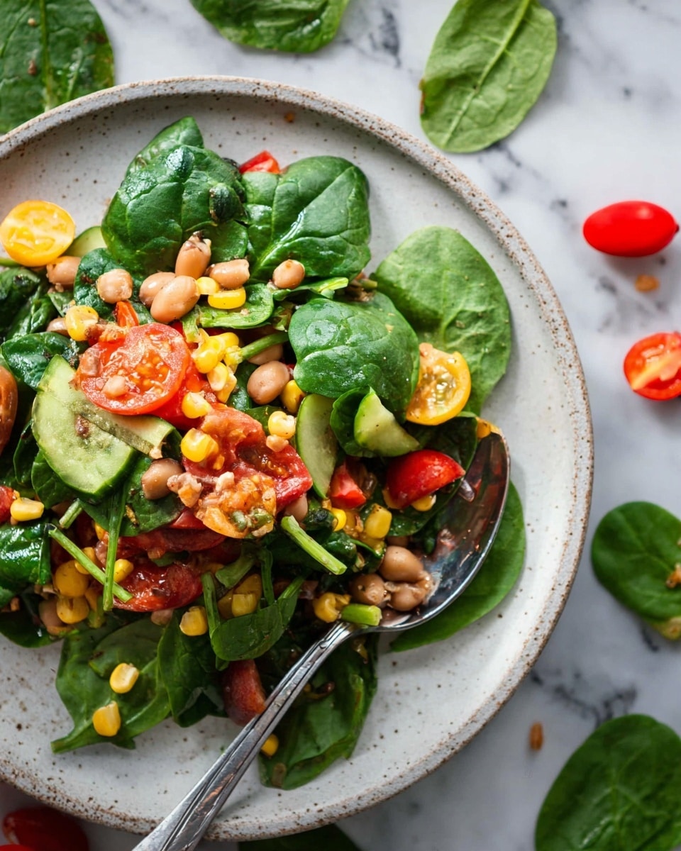A close-up view of a fresh salad served on a white plate with a slightly rough texture. The salad has three main layers: the bottom layer is green leafy spinach and other leafy greens, scattered unevenly around the plate. The middle layer consists of small, light brown beans mixed with bright yellow corn kernels. The top layer shows sliced cherry tomatoes in red and yellow colors along with small pieces of red bell pepper and cucumber, adding bright reds and greens. A metal spoon, partially visible, rests on the side of the plate, slightly holding some salad. The background is a white marbled texture with a few loose spinach leaves and halved cherry tomatoes surrounding the plate. photo taken with an iphone --ar 4:5 --v 7