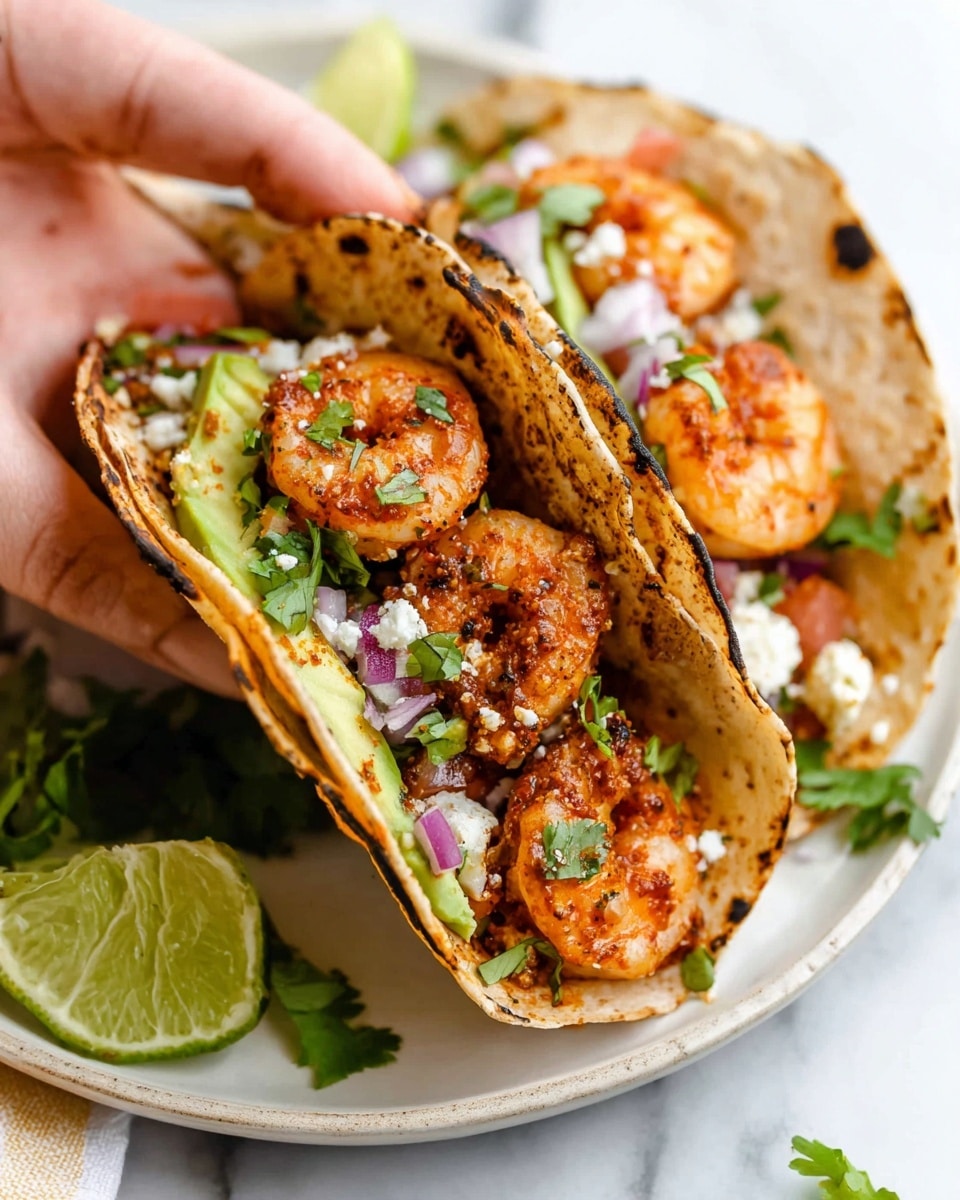 Two shrimp tacos are placed on a white plate with a white marbled surface in the background. Each taco has a light brown, slightly charred tortilla folded to hold layers of bright orange, seasoned shrimp with visible spice marks, and green avocado slices. There are also on top bits of white cheese, finely chopped red onions, fresh green cilantro, and small pieces of red tomato. A wedge of lime and a few sprigs of cilantro are also on the plate. A woman's hand is holding one taco, lifting it slightly. photo taken with an iphone --ar 4:5 --v 7