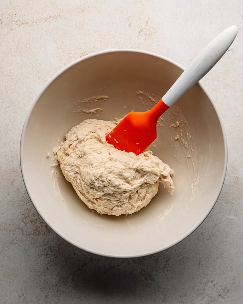 A white mixing bowl sits on a white marbled surface, containing a rough ball of pale beige dough with a slightly sticky texture. Next to the dough, an orange silicone spatula with a white handle rests inside the bowl, the spatula's flat end touching the dough. The dough looks soft and uneven, with some folds and small air pockets. The lighting is soft, showing the texture and color contrast between the spatula, dough, and bowl, photo taken with an iphone --ar 4:5 --v 7