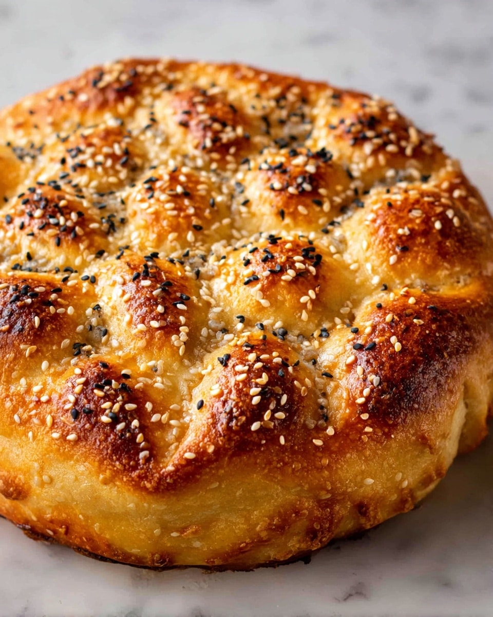 The image shows a round bread with a thick golden-brown crust. The bread has many raised, puffy sections in the middle that are a lighter golden color, each topped with a mix of white and black sesame seeds. The crust around the edges is shiny and has a slightly darker hue with some sesame seeds scattered on it. The bread rests on a white marbled surface. photo taken with an iphone --ar 4:5 --v 7