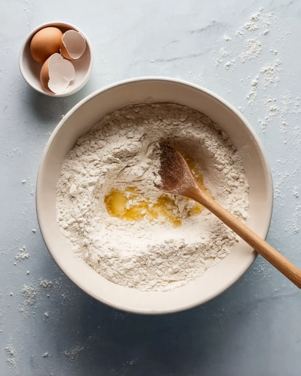 A white mixing bowl on a white marbled surface holds a layer of white flour covering most of the bowl's bottom and sides. In the middle of the flour, there are small patches of wet yellow butter and a few light brown liquid spots, creating contrast with the dry flour. A wooden spoon with a narrow handle rests inside the bowl, with its tip touching the flour near the butter. Near the bowl, there is a small white bowl holding two cracked, empty eggshells. The scene is brightly lit from above, showing the textures of the flour and butter clearly. photo taken with an iphone --ar 4:5 --v 7