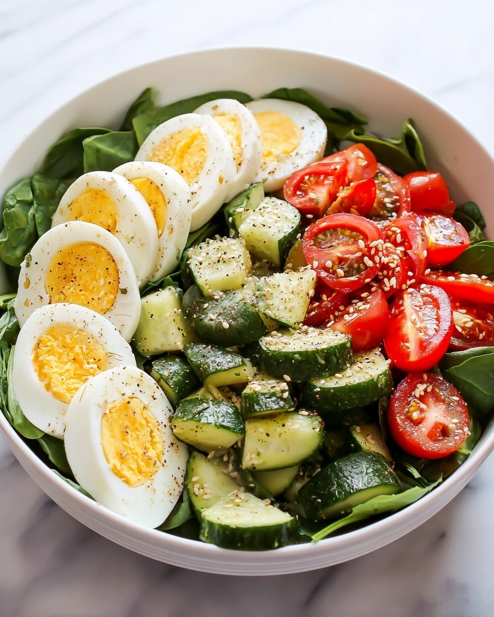 In a large white bowl on a white marbled surface, the salad is arranged in three main layers. On the left side, there is a neat stack of sliced boiled eggs with bright yellow yolks and smooth white edges, sprinkled lightly with some black pepper. In the center, fresh bright green spinach leaves form a soft textured layer. On the right side, thick cucumber slices with dark green skin and juicy cherry tomato halves in red are mixed together, topped with light sesame seeds that add a fine grainy texture. The colors of the eggs, greens, and reds stand out clearly, making the dish look fresh and healthy. photo taken with an iphone --ar 4:5 --v 7